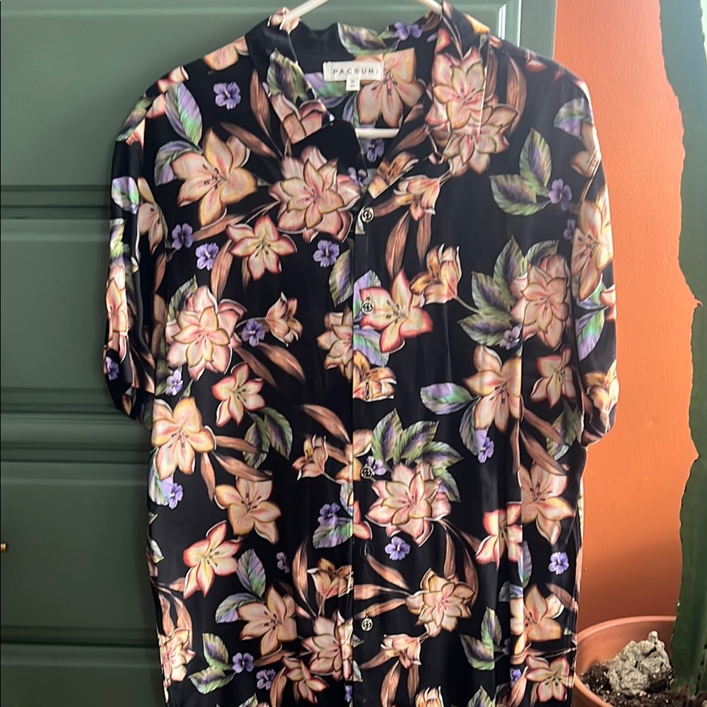 Black Casual Button Down Shirt with Floral Design